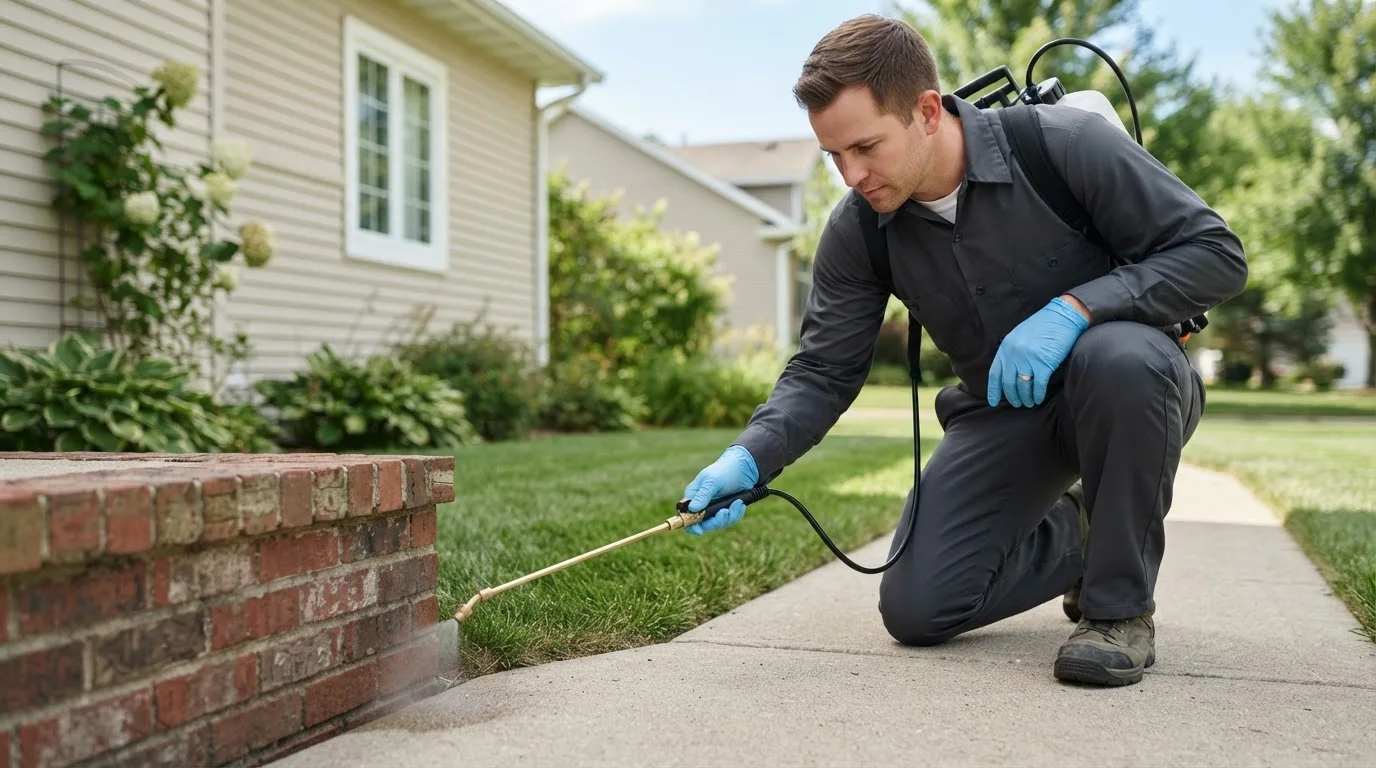 Pest control technician treating a home near Newell, SD